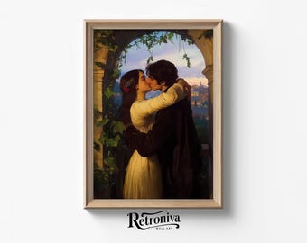 恋人たちが秘密のキスをするヴィンテージカップル絵画 | ビクトリア朝のロマンチックなカップルアート 愛の壁飾り | Retroniva 印刷可能なアート CPL-021