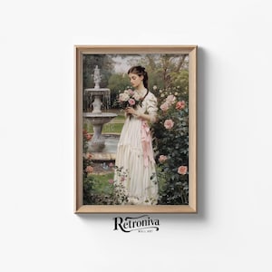 Peut inclure: Une femme en robe blanche avec une ceinture rose se tient dans un jardin avec une fontaine et des roses. Elle tient un bouquet de roses roses.