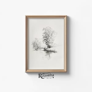 Countryside Bridge Landscape Vintage Sketch Drawing | Tree Neutral Wall Art Sketch Digital Print | Retroniva PRINTABLE Art SKT-001