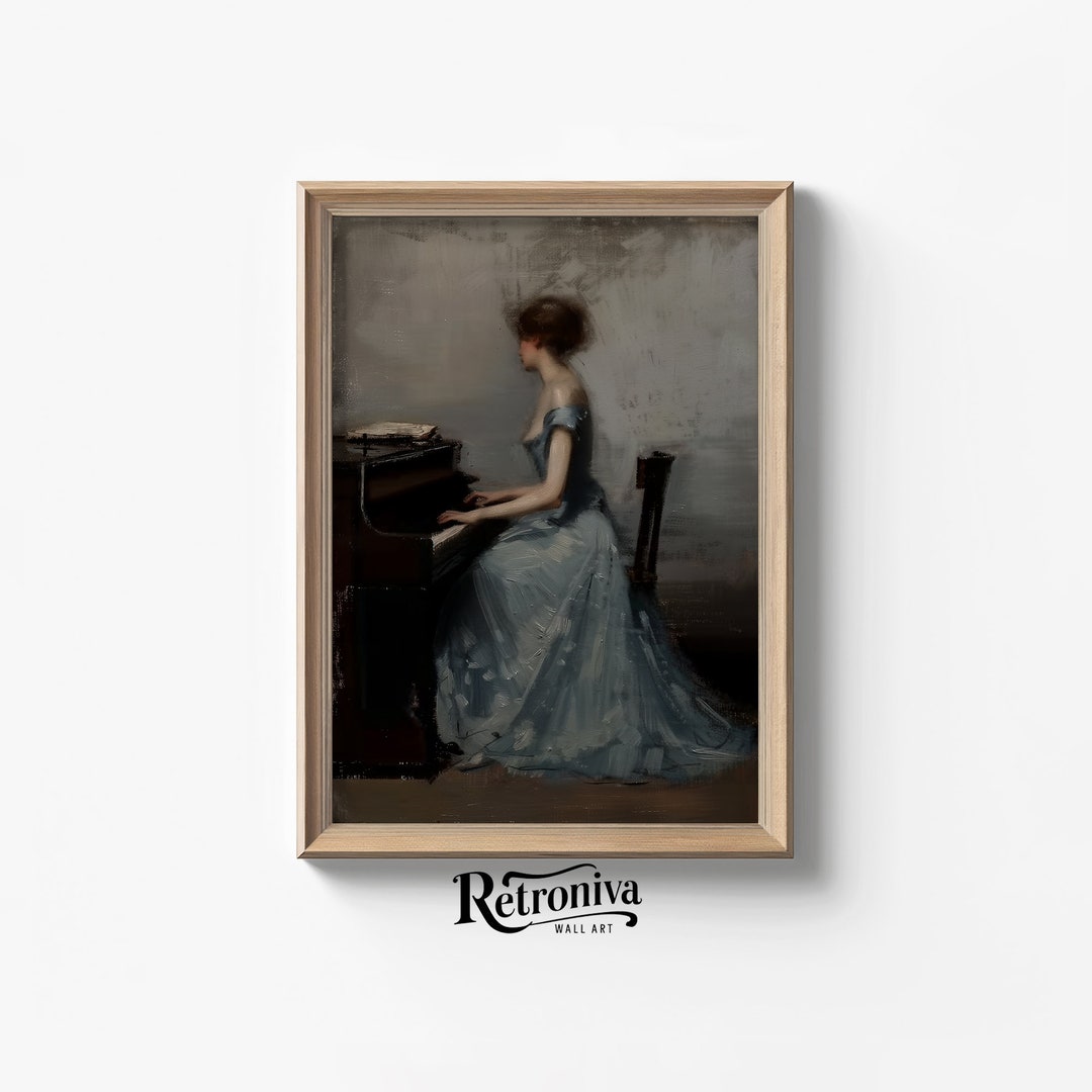 Antique Piano Playing Woman Portrait Painting | Moody Digital Wall Art ...