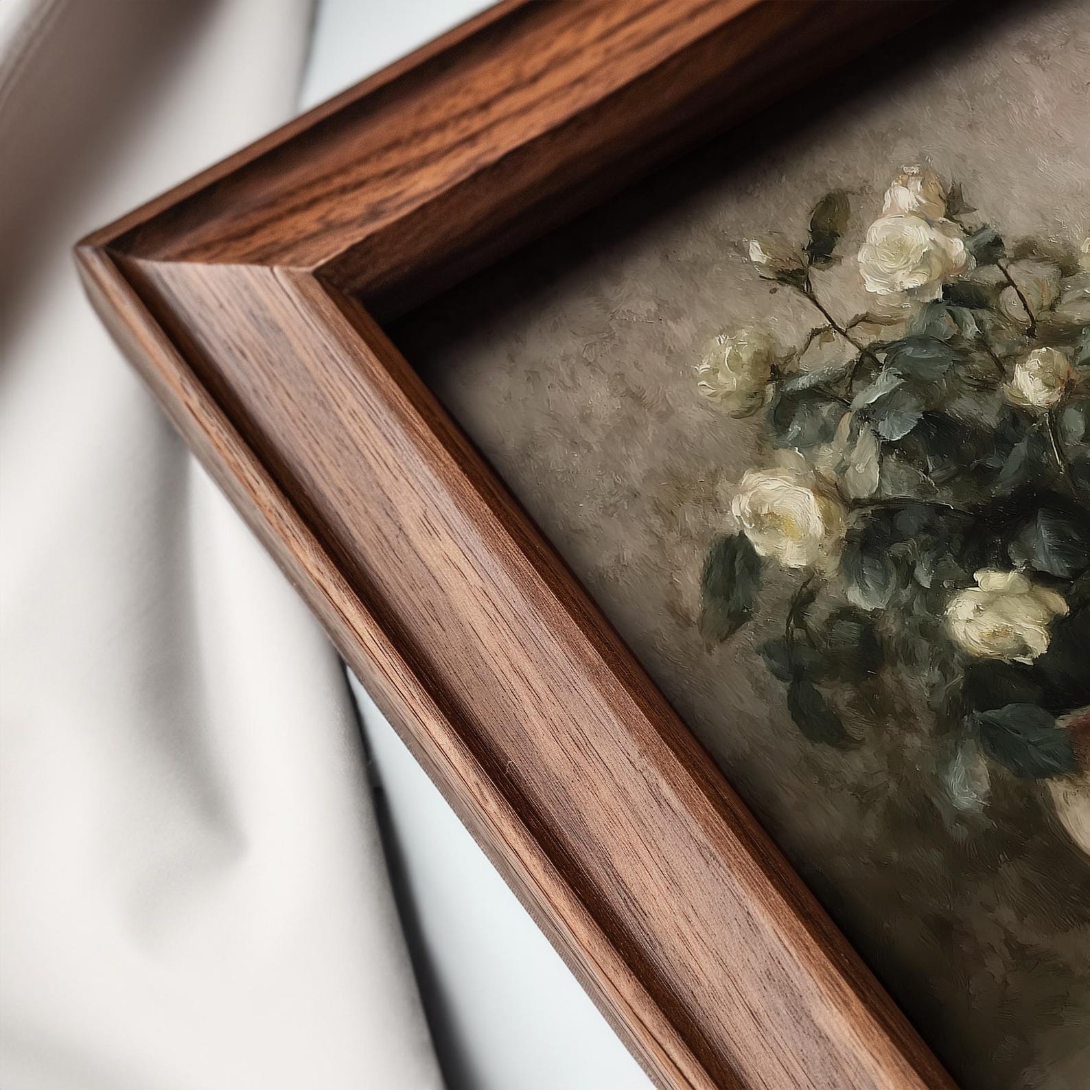 Rustic White Roses in Vase Vintage Dark Floral Still Life Painting ...