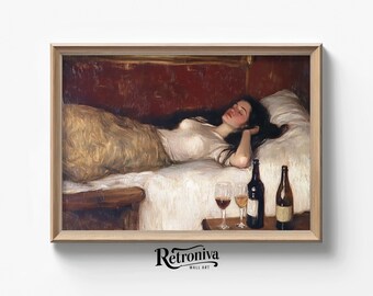 Wines and the Sleeping Woman Portrait Antique Oil Painting | Drunk Woman Scene Vintage Victorian Wall Art | Retroniva PRINTABLE Art PRT-018