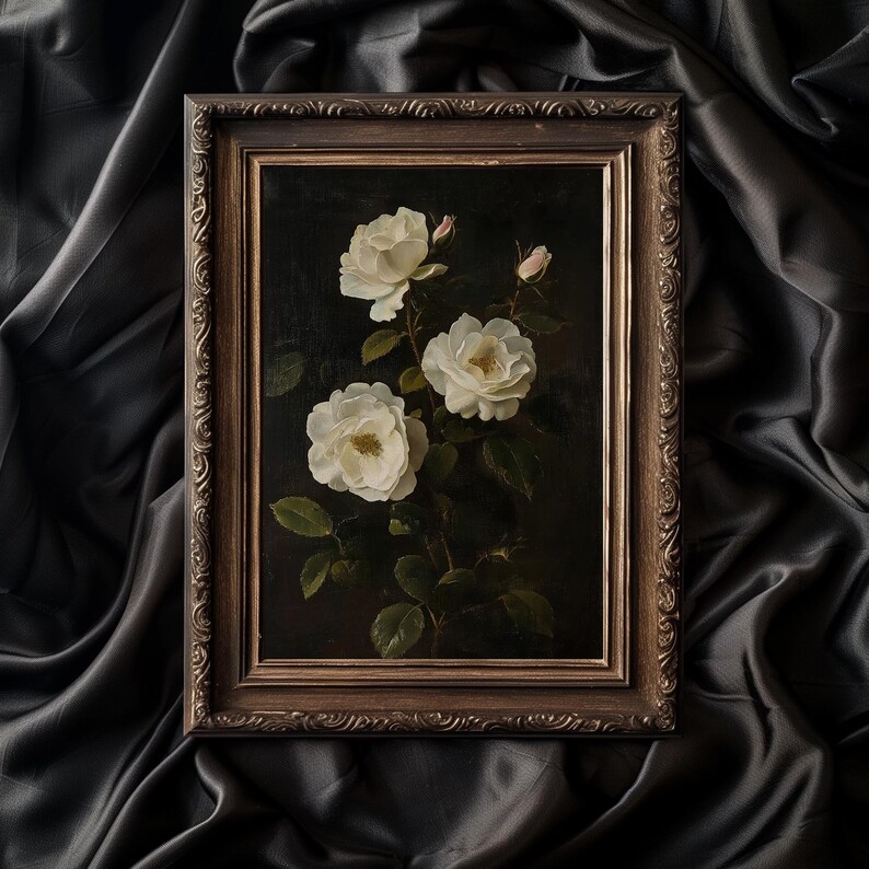 White Rose Painting Vintage Dark Academia Floral Still Life Wall Art ...