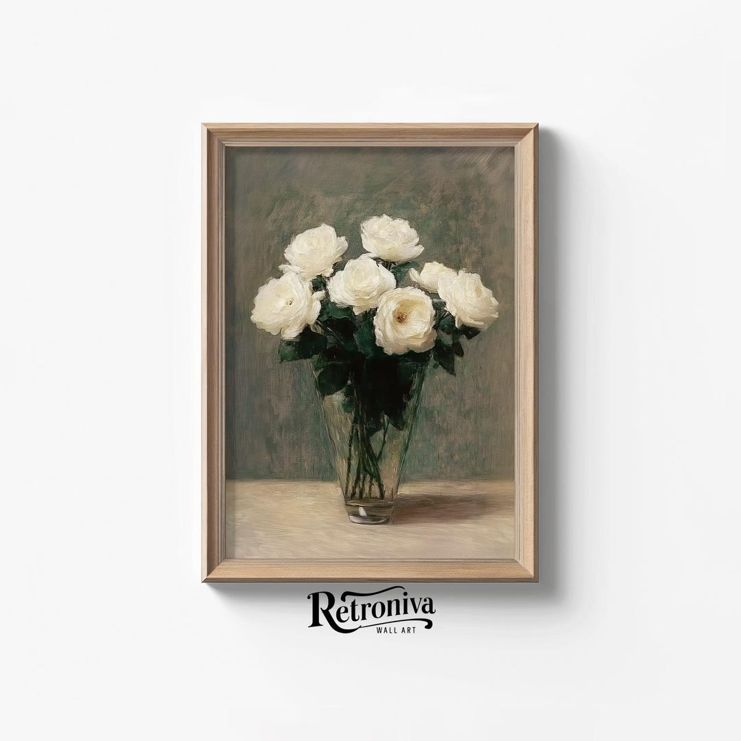 Antique Rose Still Life Wall Art | Vintage White Flowers Oil Painting ...