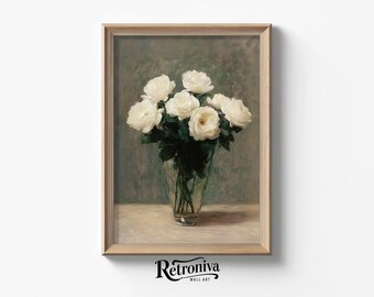 Antique Rose Still Life Wall Art | Vintage White Flowers Oil Painting Rustic Floral Farmhouse Wall Decor | Retroniva PRINTABLE Art STL-022