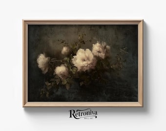 Vintage Floral Dark Academia Still Life Wall Art | Moody White Flower Painting Rustic Farmhouse Wall Decor | Retroniva PRINTABLE Art STL-036