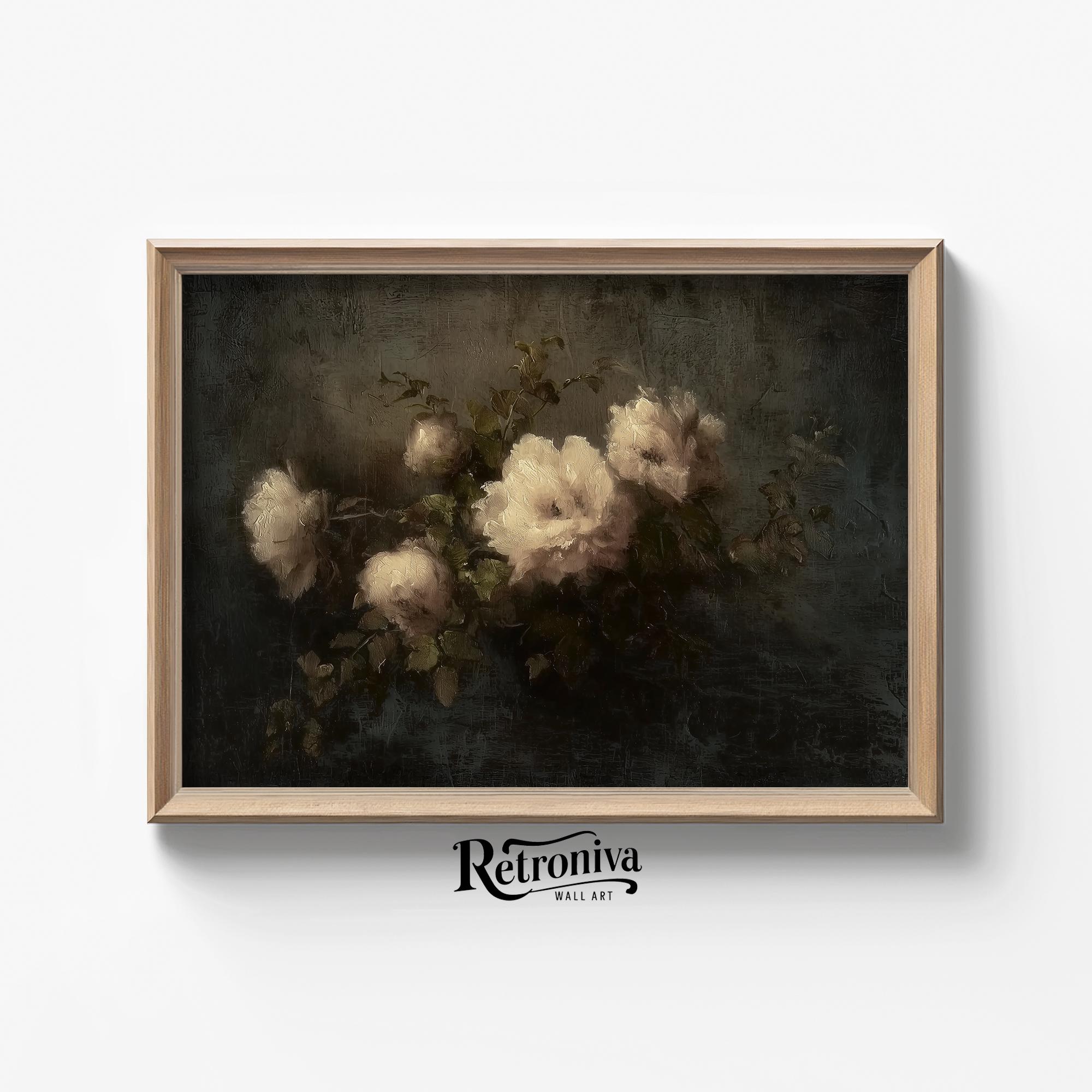 Vintage Floral Dark Academia Still Life Wall Art | Moody White Flower ...