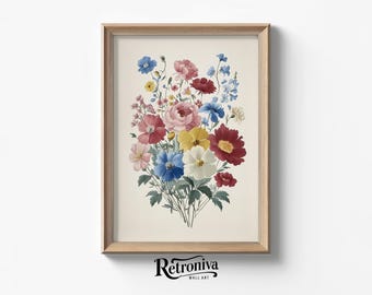 Colorful Flower Bouquet Painting | Neutral Floral Art Print Cottagecore Decor Botanical Wall Art | Retroniva PRINTABLE Art BTN-016