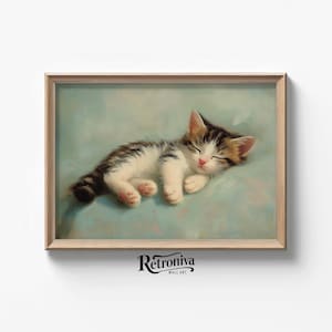 Cute Kitty Asleep On Pillow Vintage Oil Painting | Sleepy Cat Portrait Animal Art Print Nursery Wall Decor | Retroniva PRINTABLE Art ANM-021