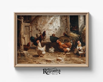 Chicken Farm Vintage Country Oil Painting | Cottage Farmhouse Wall Art | Antique Farmyard Scene Art Print | Retroniva PRINTABLE Art ANM-011