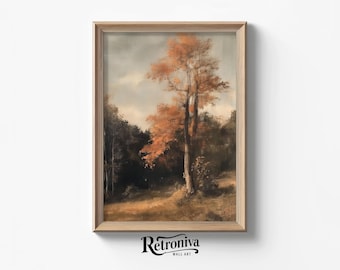 Puede incluir: Una pintura enmarcada que representa una escena de bosque con un solo árbol en el centro con hojas naranjas. El árbol está rodeado de otros árboles con hojas verde oscuro. El fondo es un cielo azul claro con nubes blancas.