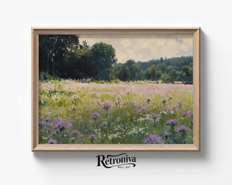 Pink Wildflowers Landscape Oil Painting Spring Wall Art | Country Farmhouse Art Print Floral Wall Decor  | Retroniva PRINTABLE Art SPG-016