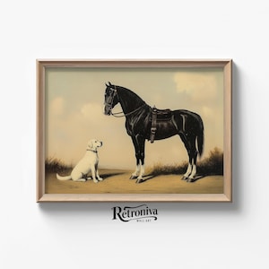 Antique Horse and Dog Scene Oil Painting | Vintage Farmhouse Animal Art Print Rustic Country Wall Decor | Retroniva PRINTABLE Art ANM-045