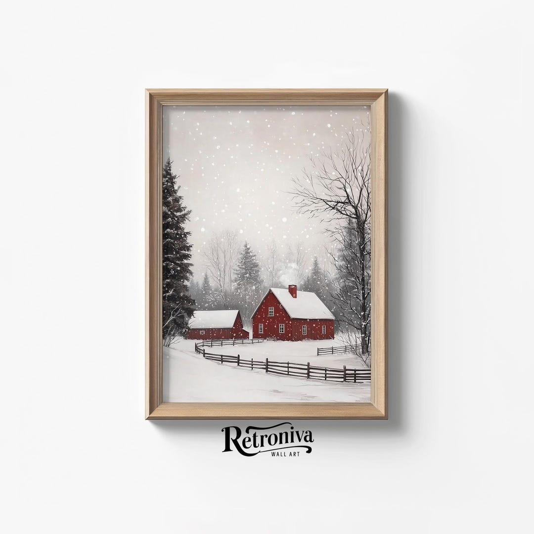 Vintage Red Barn Farmhouse Winter Landscape Painting | Snowy Christmas ...
