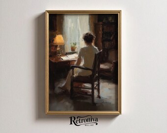 Vintage Impressionist Woman Writing at Desk Moody Dark Academy Wall Art Oil Painting | Retroniva PRINTABLE Art PRT-044