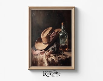 Cowboy Hat and Whiskey Vintage Western Still Life Painting | Kitchen Art Print Farmhouse Wall Decor | Retroniva PRINTABLE Art STL-014