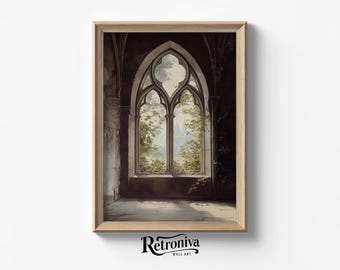The Mysterious Castle Window Art Vintage Architecture Painting | Moody Architectural Wall Art Print | Retroniva PRINTABLE Art ARC-004