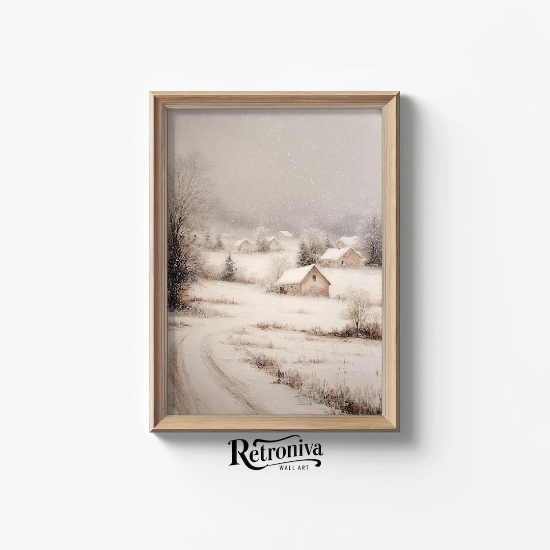 Vintage Winter Village Wall Art Snowy Cottage Landscape Painting Rustic ...