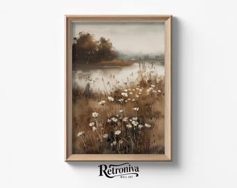 May include: A watercolor painting of a lake scene with a forest in the background. The lake is surrounded by a field of white wildflowers. The painting is done in shades of brown and white.