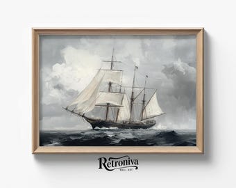 Vintage Sailing Pirate Ship Painting Moody Seascape Wall Art | Ocean Art Print Nautical Wall Decor | Retroniva PRINTABLE Art LND-023