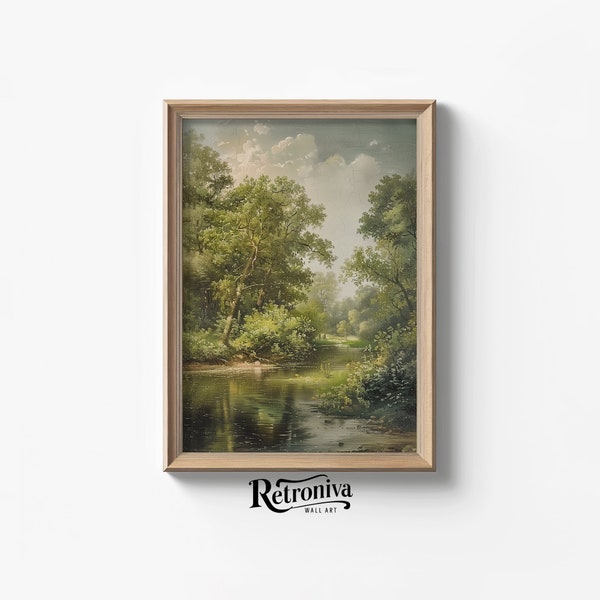 Summer River Landscape Wall Art | Woodland Landscape | Country Forest Prints | Muted Summer Oil Painting | Retroniva Printable Art SUM-008
