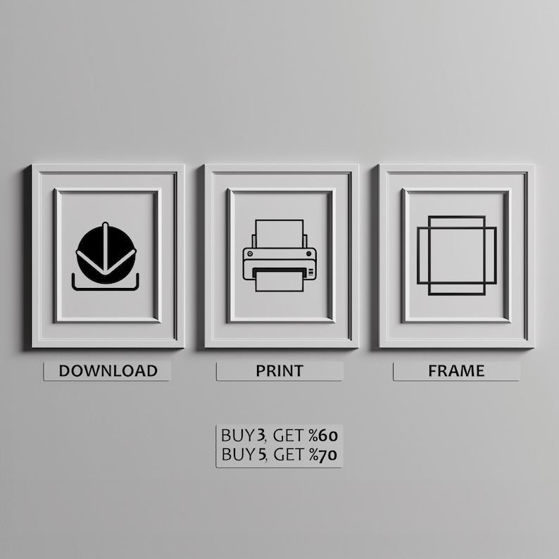 May include: Three framed icons on a light gray background. The first icon is a download symbol, the second is a printer, and the third is a frame. Below each icon is a label: 'DOWNLOAD', 'PRINT', and 'FRAME' respectively. The icons are black and the frames are white.
