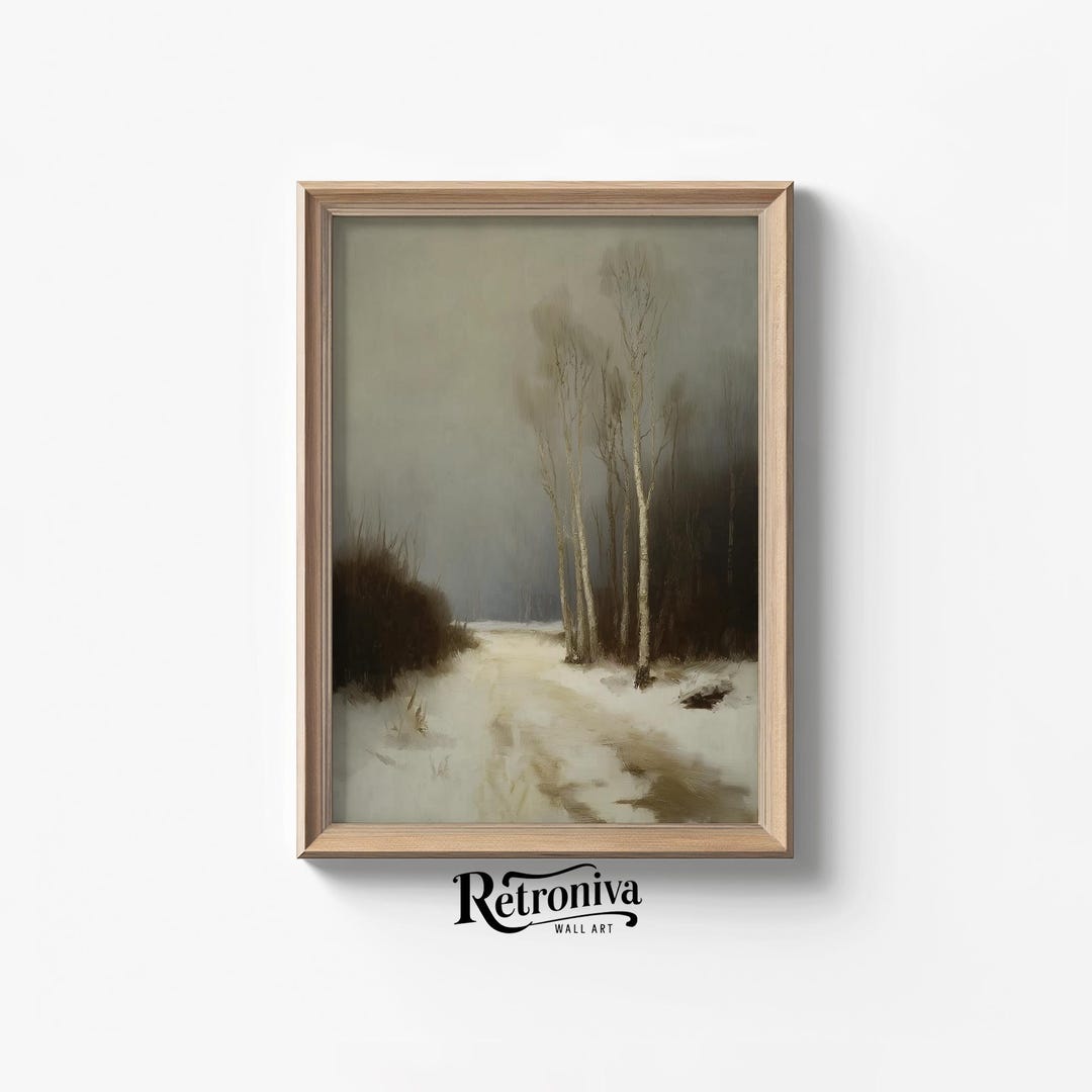 Moody Winter Landscape Wall Art | Snowy Path Painting Rustic Forest Art ...