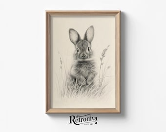 Cute Bunny in Meadow Drawing Vintage Animal Sketch Artwork | Rabbit Sketch Art Print Nursery Wall Decor | Retroniva PRINTABLE Art SKT-054