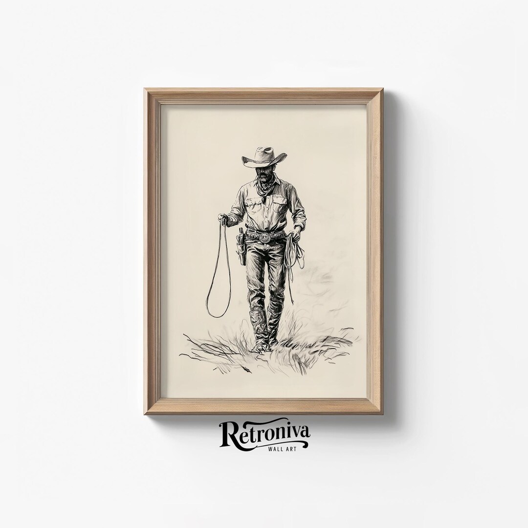 Cowboy With Ropes Sketch Art Print Vintage Western Wall Decor | Walking ...