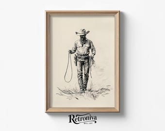 Dibujo artístico de un vaquero con cuerdas, decoración de pared de época occidental, dibujo de un retrato de un vaquero caminando, arte imprimible Retroniva SKT-026
