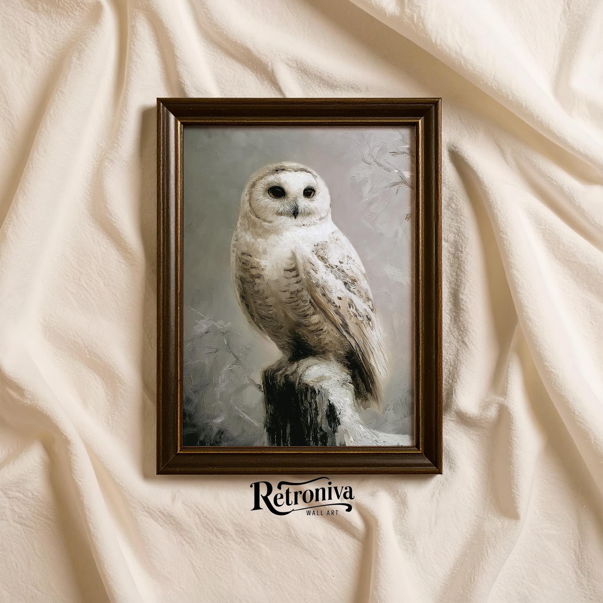 Owl in Snow Vintage Animal Wall Art | Winter Wildlife Painting Rustic Nature Art Print Bird Wall Dec