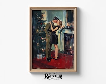 Soldier Reuniting His Lover Scene Vintage Romantic Wall Art | Kissing Couple Painting Christmas Wall Decor | Retroniva PRINTABLE Art CPL-013