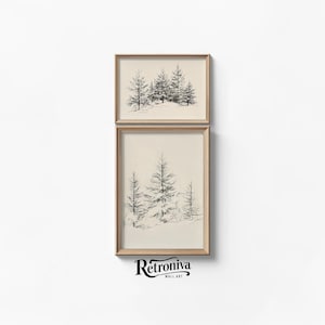 Neutral Pine Tree Sketch Drawing Winter Gallery Set | Minimalist Christmas Tree Art Nursery Wall Decor Set | Retroniva PRINTABLE Art SET-009