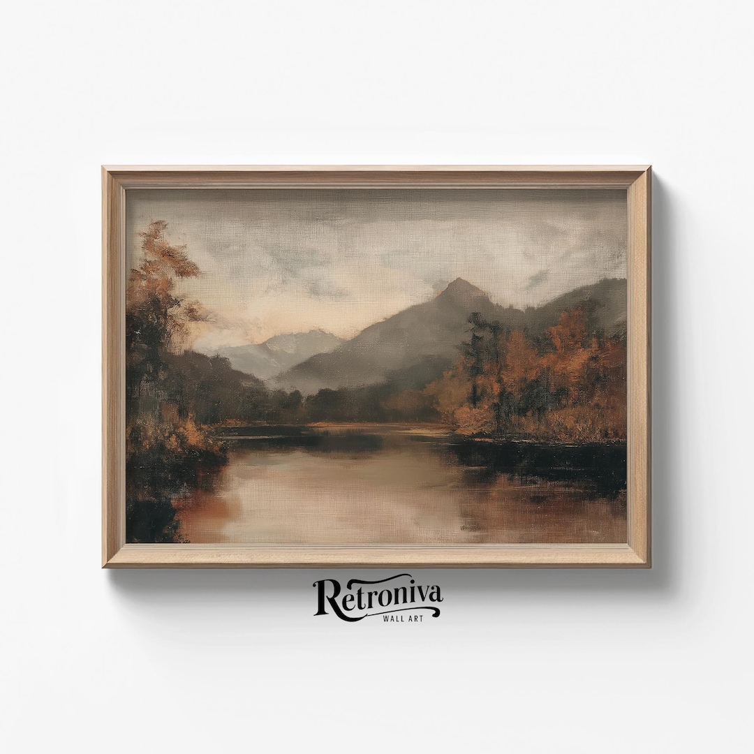 Antique Rustic Fall Lake Landscape Vintage Autumn Painting | Moody ...