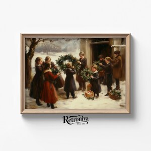 Peut inclure: Une peinture vintage de scène de Noël représentant un groupe d'enfants rassemblés autour d'une porte, tenant des couronnes et échangeant des cadeaux. La peinture est située dans un paysage enneigé avec un bâtiment rustique en arrière-plan.
