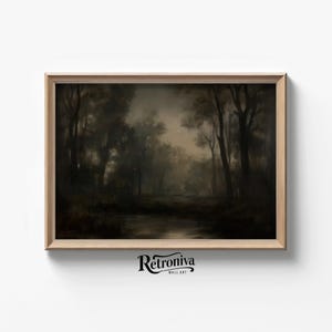 Muted Country Night Landscape Vintage Oil Painting | Moody Creek Antique Wall Art Dark Academia Print | Retroniva PRINTABLE Art NGT-003