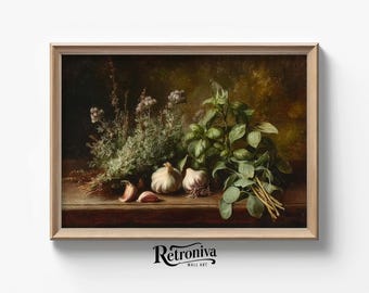 Herbs and Plants Still Life Antique Oil Painting | Moody Country Art Print Farmhouse Kitchen Wall Art | Retroniva PRINTABLE Art STL-027
