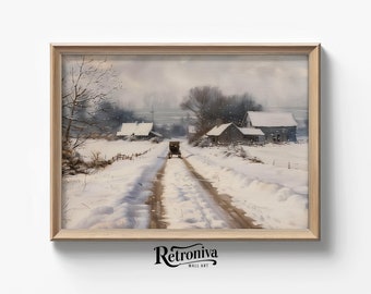 May include: A painting depicting a snowy country lane with a horse-drawn carriage in the distance. The lane is flanked by trees and houses, and the sky is a pale blue. The painting is framed in a light wood frame.