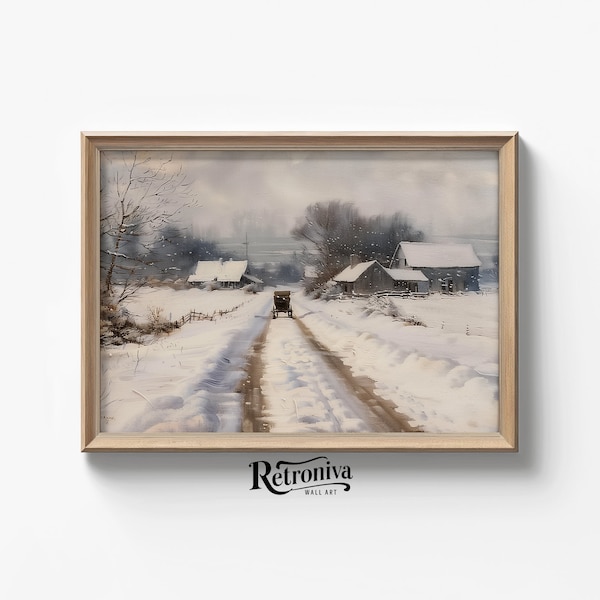 Vintage Rustic Country Landscape Wall Art | Snowy Winter Oil Painting | Antique Village Print | Retroniva Printable Art WNT-003