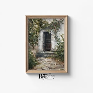Puede incluir: Una pintura de un camino de piedra que conduce a una puerta de madera con un marco blanco. La puerta está rodeada de enredaderas y flores verdes. El fondo es una pared blanca con textura de piedra.