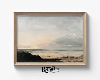 Sunset on the Coast Vintage Oil Painting Summer Decor | Muted Seascape Art Coastal Beach House Wall Decor | Retroniva PRINTABLE Art SUM-039