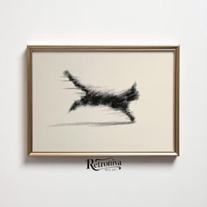 May include: A framed wall art print featuring a black cat in motion, rendered in a charcoal sketch style. The cat's form is blurred, suggesting speed, against a cream-colored background. The frame is gold-toned, and the artwork is labeled "Retroniva Wall Art."