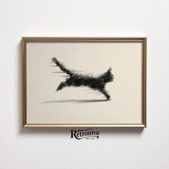 Running Cat Drawing Minimalist Abstract Sketch Wall Art | Neutral Animal Art Print Nursery Wall Decor | Retroniva PRINTABLE Art SKT-071