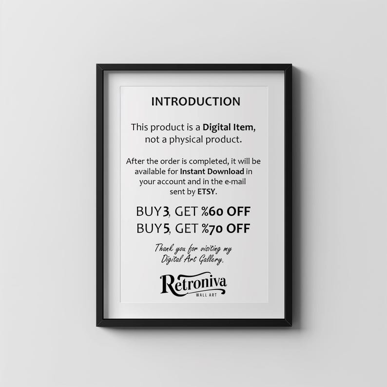May include: A framed print with a white background and black frame. The text reads 'INTRODUCTION' at the top. Below, it states the product is a digital item, not physical. It details instant download availability via Etsy. It includes a 'Please Read' section with information and discount details. The bottom features the 'Retroniva WALL ART' logo.