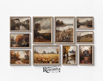 May include: A collection of framed landscape paintings in warm, autumnal tones. The artwork features scenes of houses, rivers, and fields, with a vintage aesthetic. The frames are a light wood color, and the paintings are arranged on a white background.