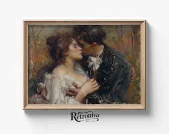 Vintage olieverfschilderij verliefd stel | Romantische print verliefd stel | Kunst aan de muur kussend minnaarspaar | Retroniva-AFDRUKBARE kunst CPL-004