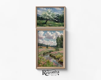 Spring Wildflowers Blooming Tree Painting Cottagecore Gallery Prints | Vintage Set of 2 Spring Landscape | Retroniva PRINTABLE Art SET-025