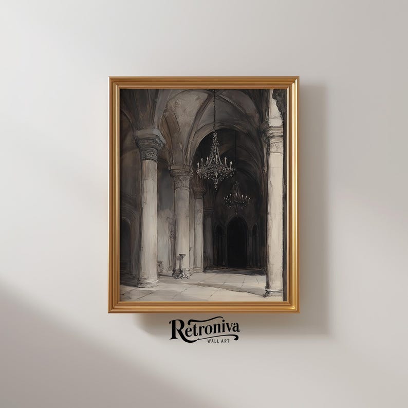 The watercolor architectural scene is displayed in a modern golden frame with the moody church art.