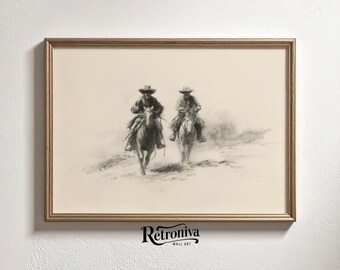 Western Cowboy Art Print Rustic Sketch Horse Wall Art | Vintage Drawing Farmhouse Decor of Cowboys Art | Retroniva PRINTABLE Art SKT-086