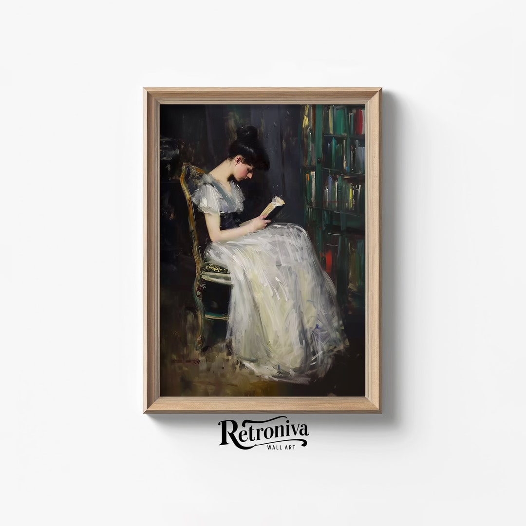 Vintage Woman Reading Portrait Oil Painting | Moody Portrait Wall Art ...